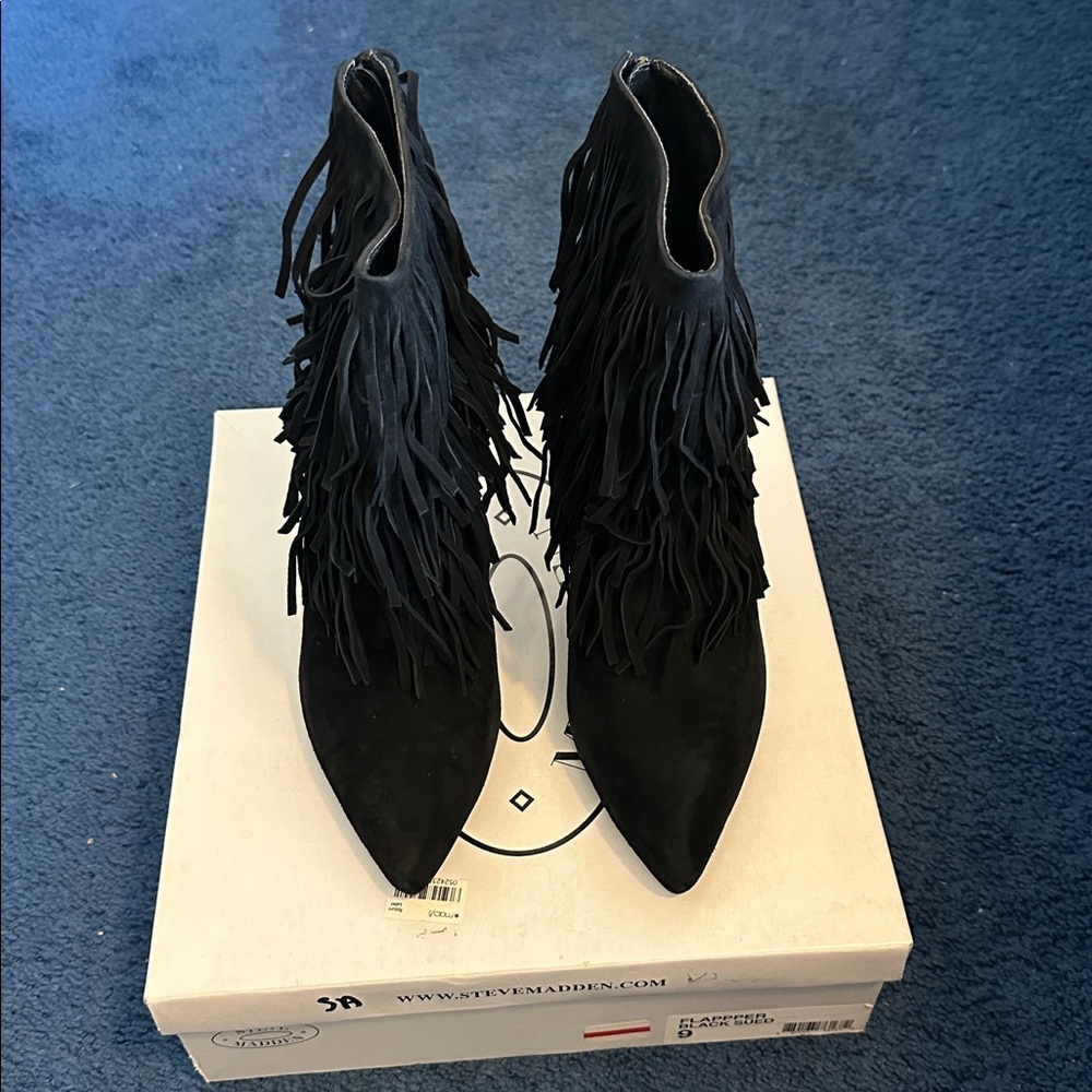 Steve Madden Flapper Fringe Black Ankle Boot 9M 4 inch